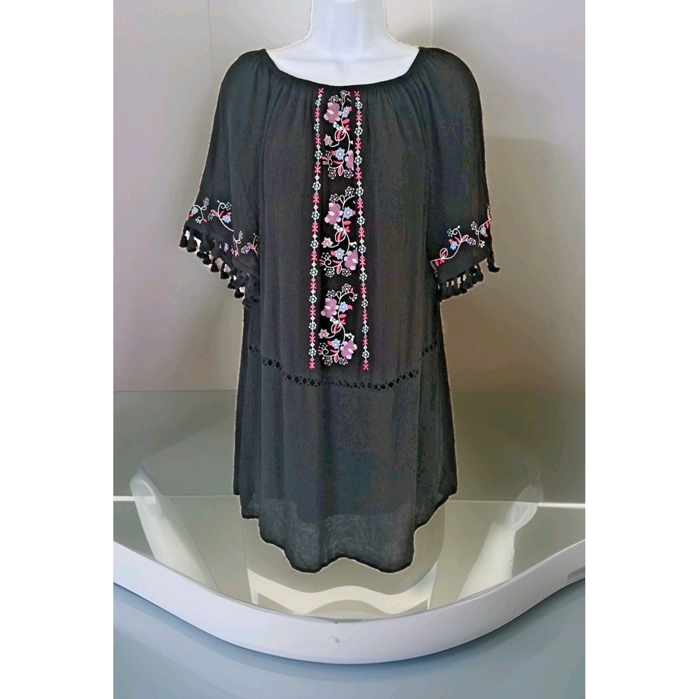 Xhilaration Mini Dress M  Black Off Shoulder Embroidery Boho Tassel Hippie Lined